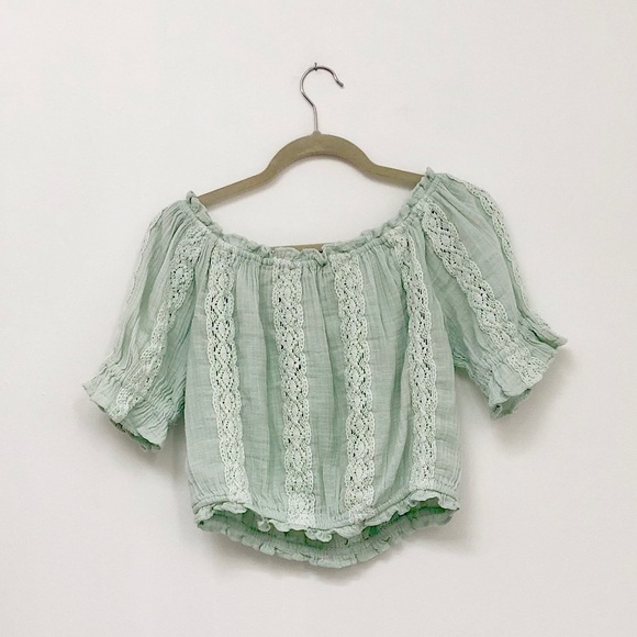 AE Mint Off the Shoulder Boho Crop Top / S - Picture 2 of 4